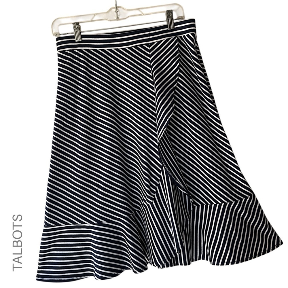 TALBOTS | NWOT NAVY & WHITE STRIPED WRAP SKIRT COTTON MODAL RUFFLE HEM | SMALL